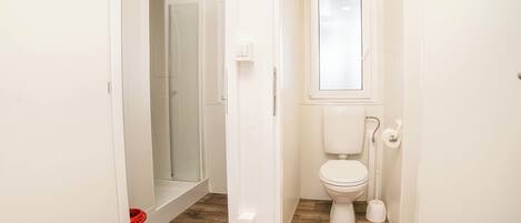 A narrow hallway leading to a bathroom with a toilet, bidet, and shower area.