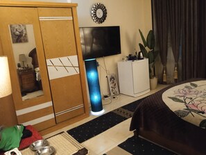 Ein Zimmer mit Schrank, Fernseher, Pflanze, Bett und Spiegel.