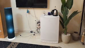 Ein Zimmer mit flachbildfernseher an der Wand, einem weißen Kühlschrank, einem blauen zylinderförmigen Lautsprecher, einer Zimmerpflanze und einem Wanddekor.