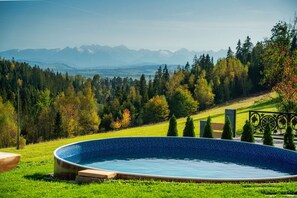 Ein Pool mit Blick auf Berge und Bäume.