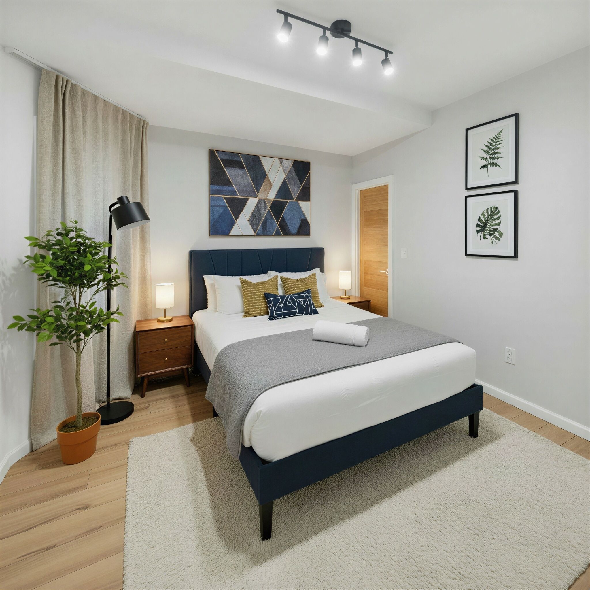 Une chambre à coucher moderne, avec un lit, des tables de chevet, une lampe sur pied, une plante en pot et des œuvres d’art accrochées aux murs.