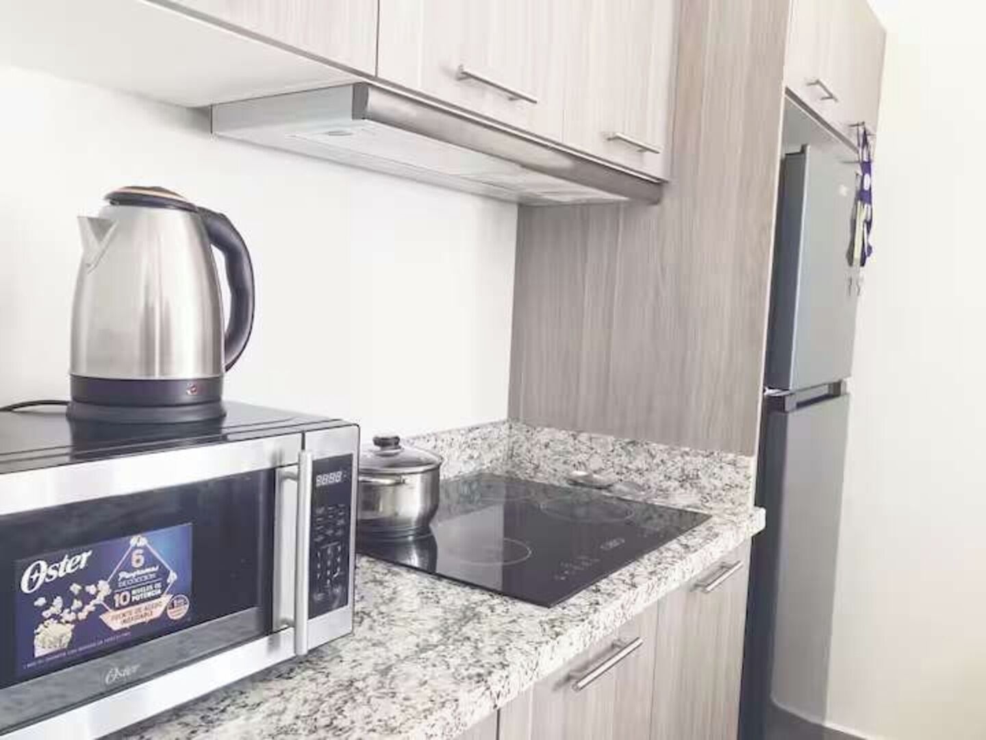 Une cuisine équipée d’un four à micro-ondes, d’une bouilloire et d’une plaque de cuisson à induction.
