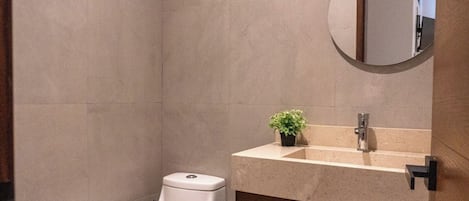 Un baño con inodoro, lavamanos, espejo y una pequeña planta en maceta.