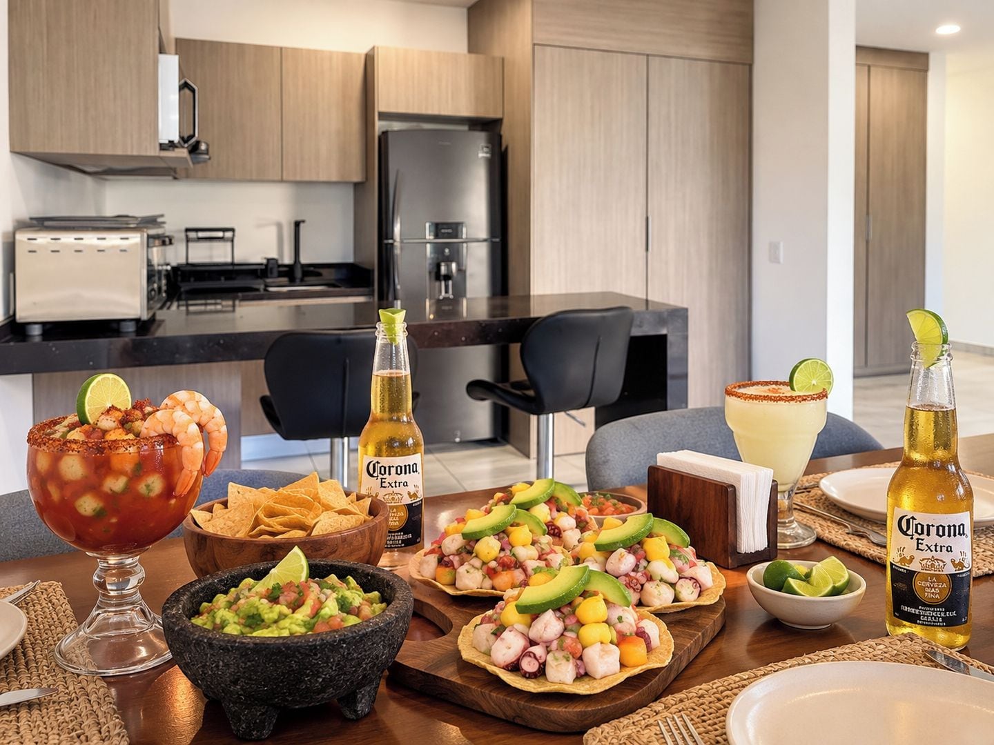 Une cuisine moderne avec un coin repas aménagé pour prendre un repas.