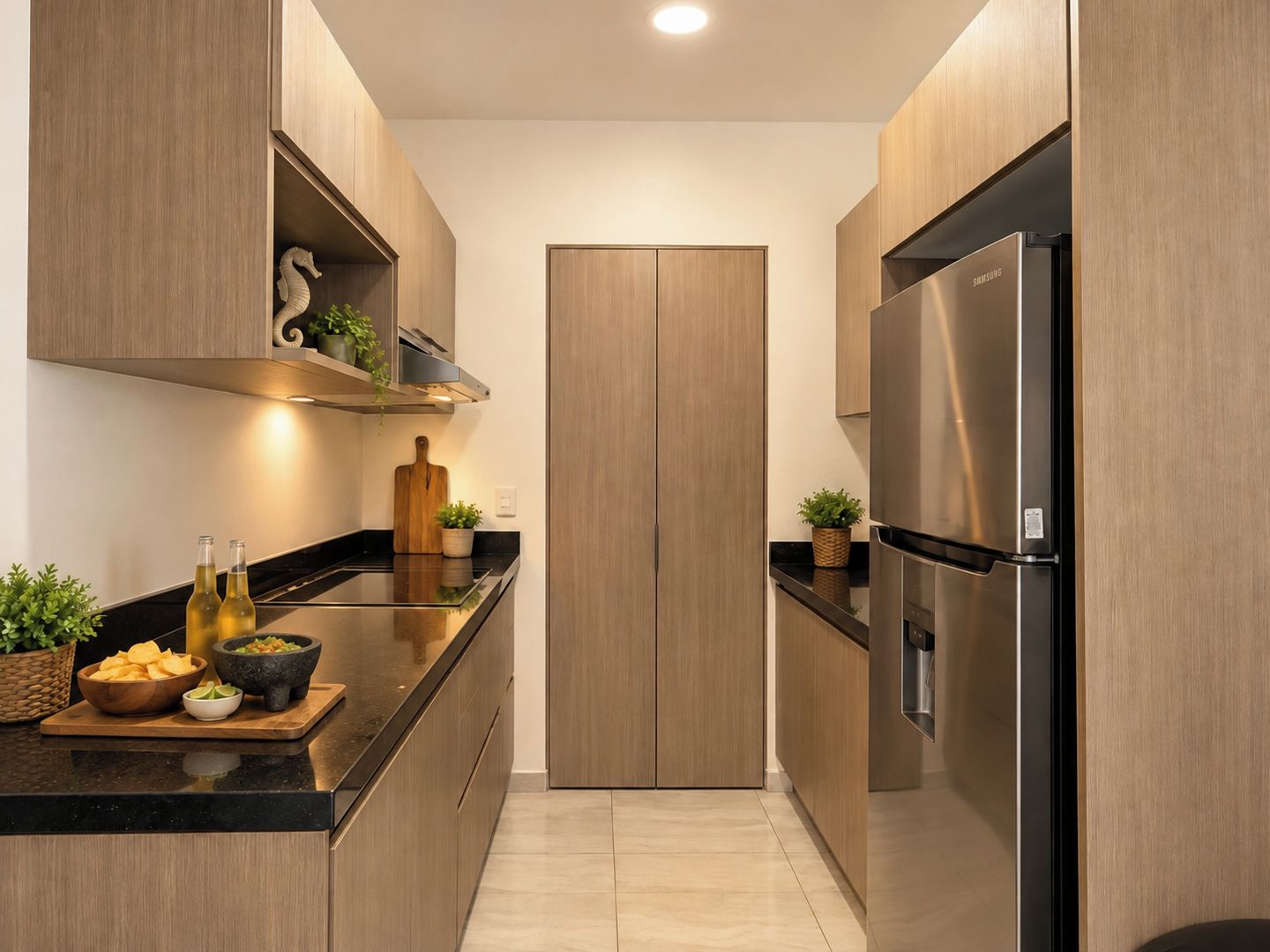 Une cuisine moderne avec des meubles en bois, un réfrigérateur en acier inoxydable et un plan de travail noir.