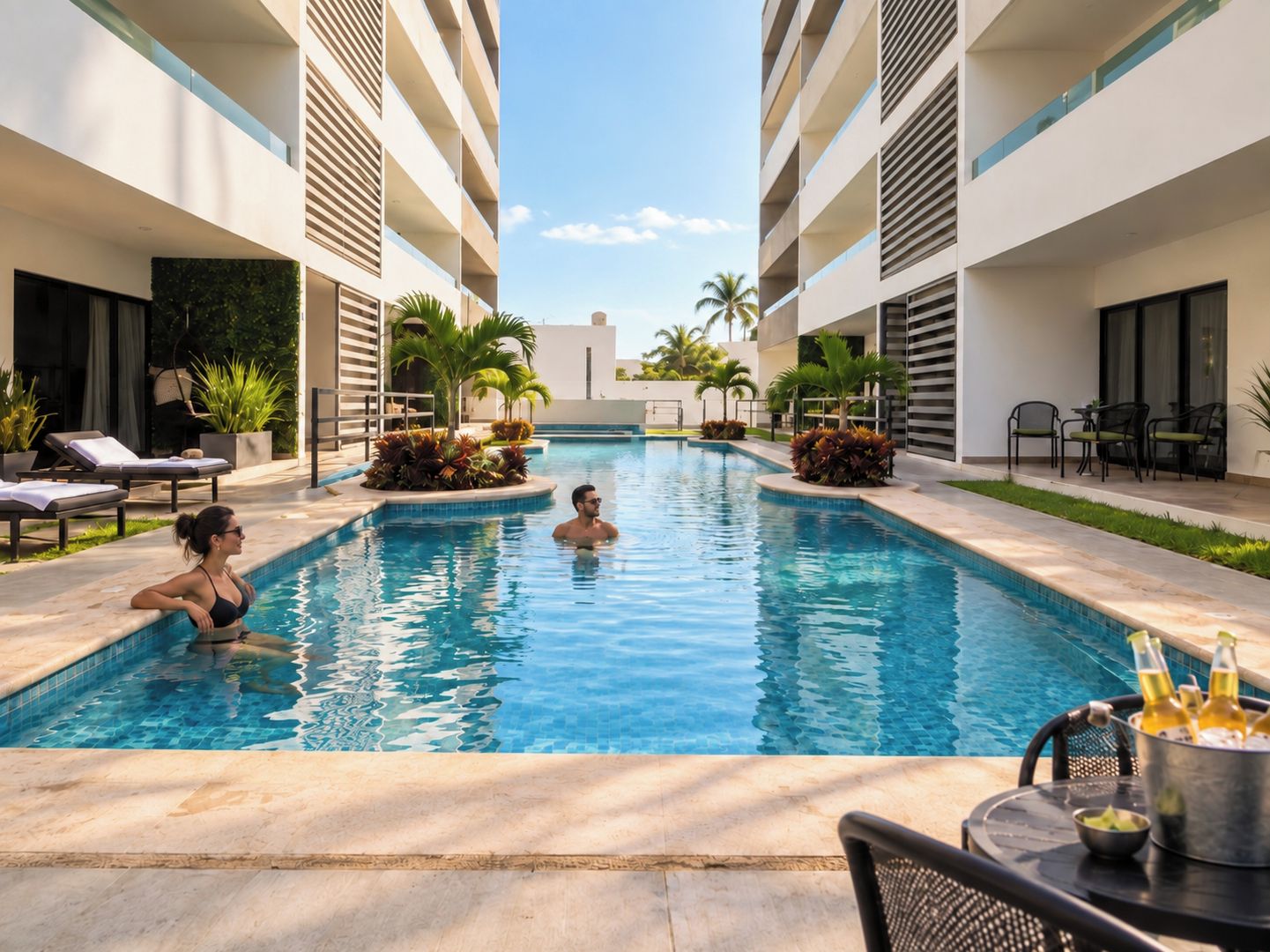 Une piscine entourée de bâtiments dotés de balcons, avec des chaises longues et une table sur laquelle sont posées des bouteilles.