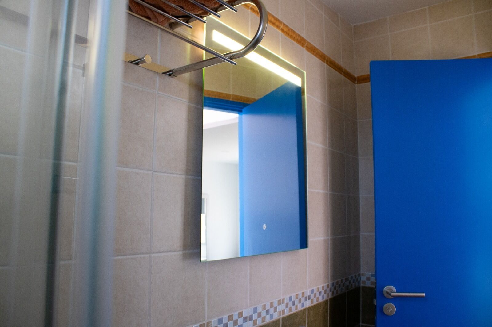 A bathroom with a blue door, a mirror, and a towel rack.