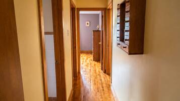A hallway with wooden flooring, a light fixture, and a wall-mounted cabinet.