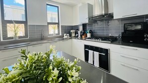 A modern kitchen with a gas stove, oven, and a built-in toaster. There are two windows providing natural light, and a potted plant on the counter. - 3-bedroom house in tranquil Punta Cana with cool AC breeze (Punta Cana)
