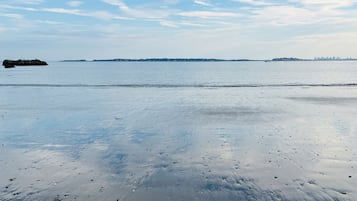 A beach with a calm sea and distant city skyline.