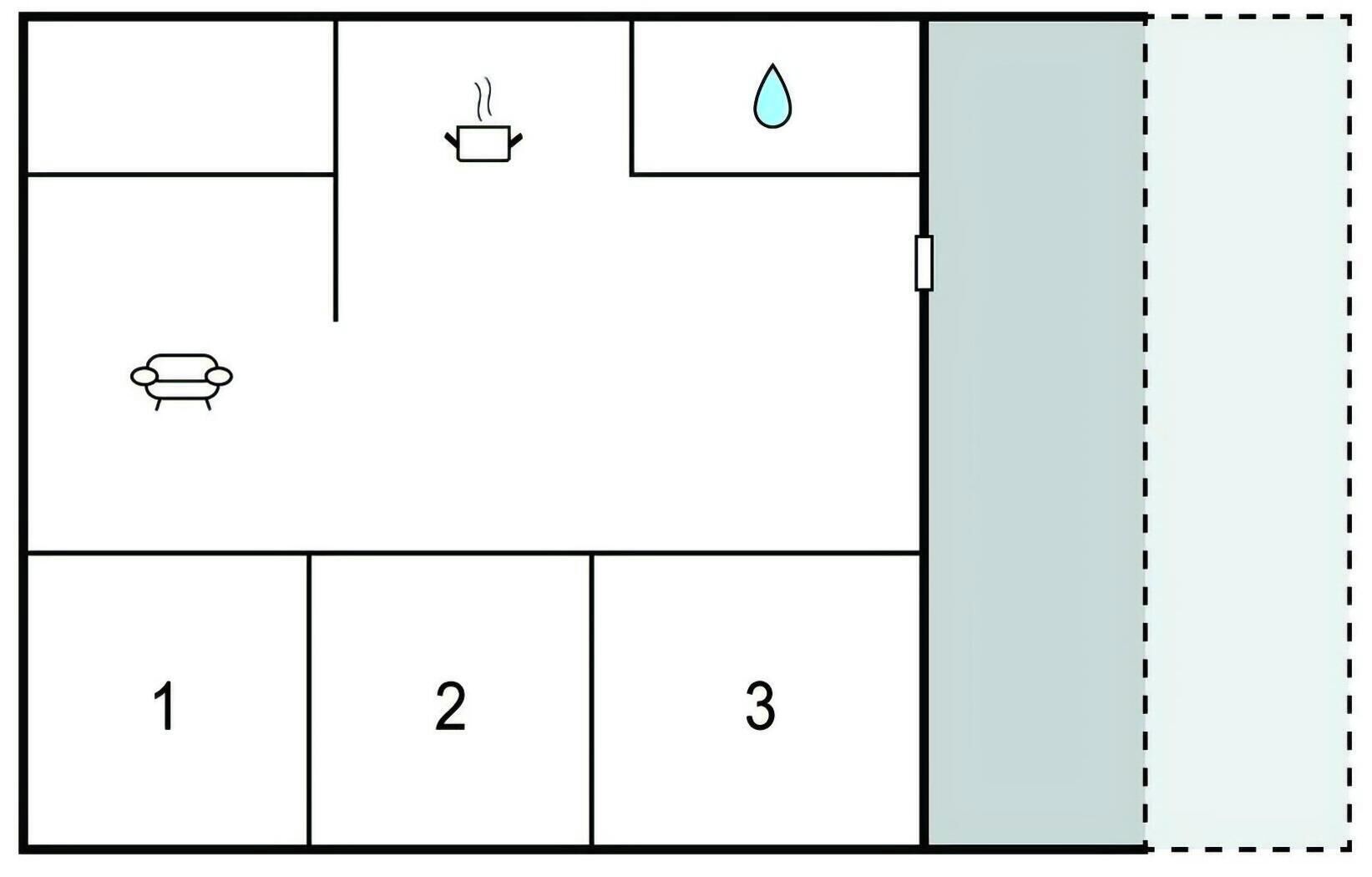 Plànol d'una habitació amb sofà, termo i seccions numerades.