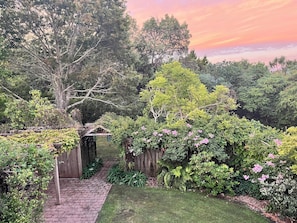 A garden with a wooden fence, a brick pathway, and various green plants. - Private cottage  3 mins walk to beach sleeps 5  Rangihaeata Takaka Golden Bay (Rangihaeata)