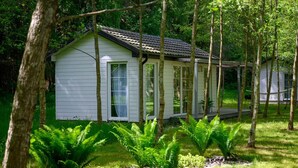 A small, single-story cabin with a sloped roof, surrounded by a lush garden with ferns and a variety of plants. - Comfortable Holiday Home no. 1B With a Fireplace (Darlowo)
