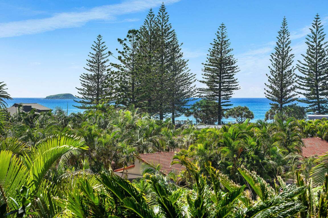 Ein tropisches Resort mit üppiger Vegetation, hoch aufragenden Bäumen und Blick auf den Ozean.