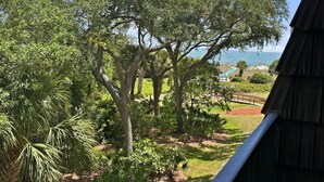 Vista de um jardim exuberante, com diversas árvores e um caminho que leva a um edifício.