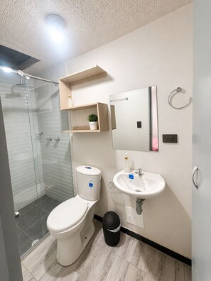 A modern bathroom with a toilet, sink, shower, and a mirror. - Central lodging (Bogotá)