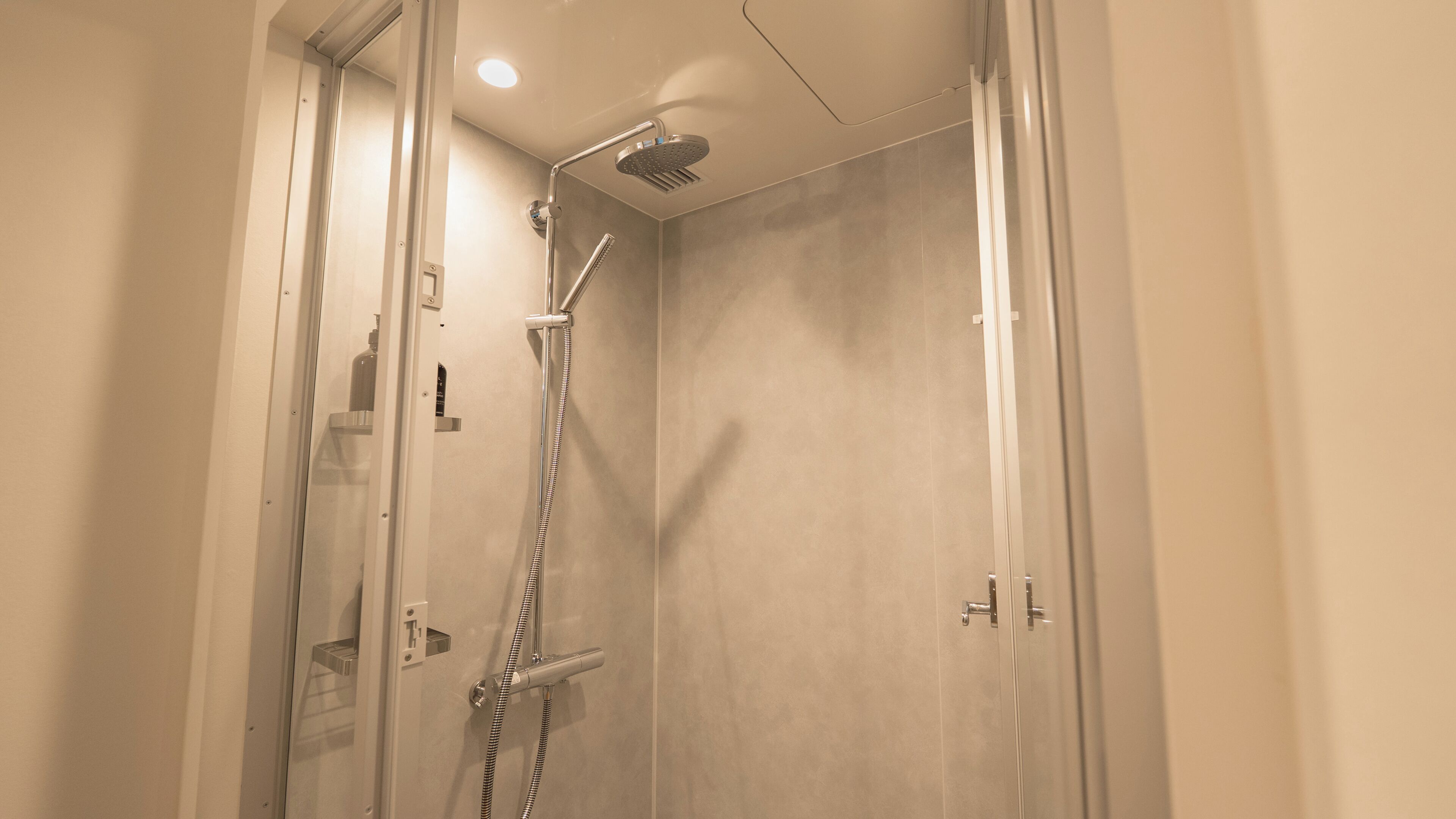 Une douche moderne dotée d’un pommeau de douche à main et d’une douche à pluie fixée au plafond.