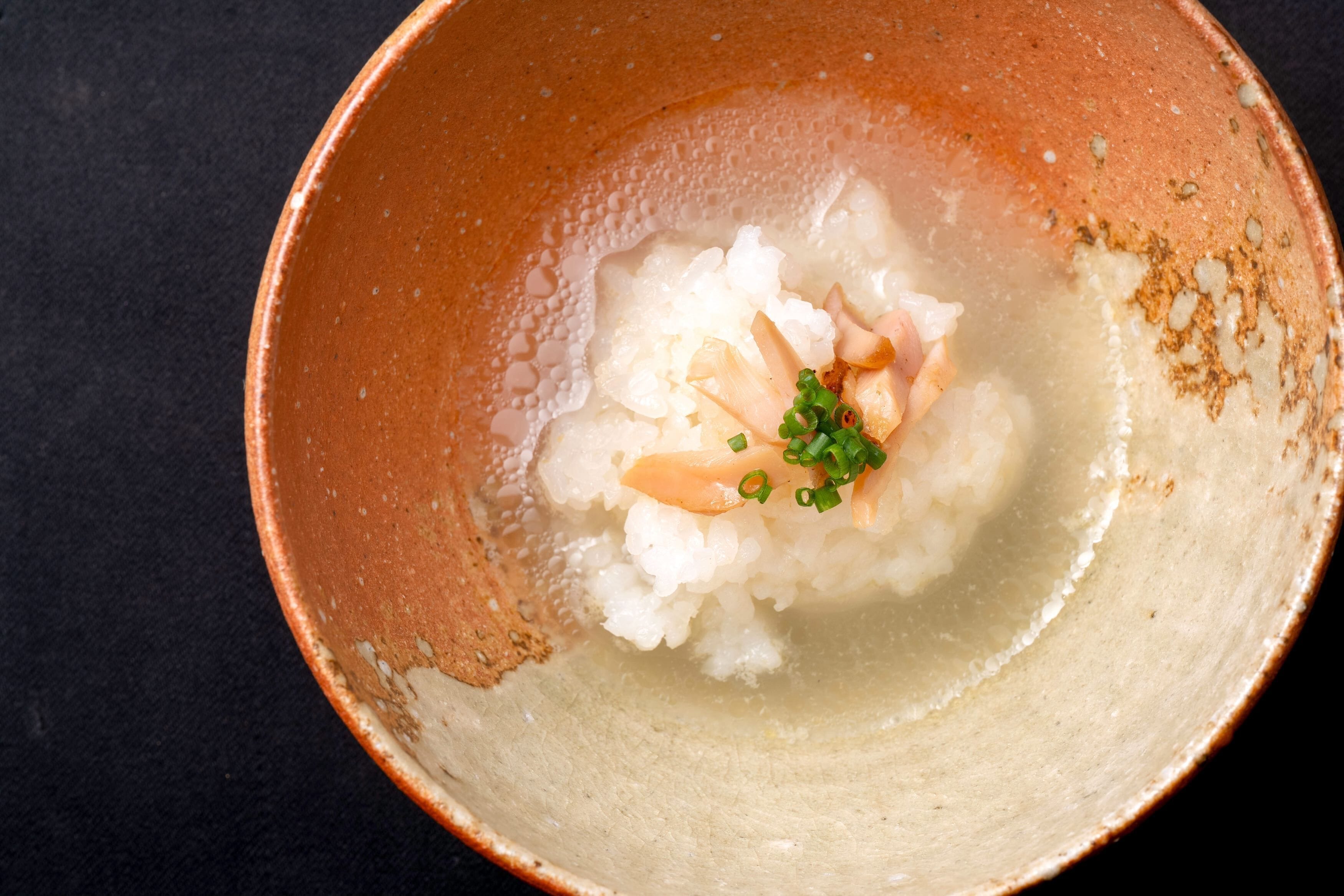 Un tazón de arroz con salmón y cebollas verdes.