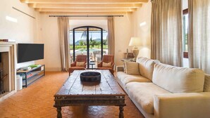 Un salon avec un plafond en bois, un canapé, une table basse, un téléviseur et une vue sur une piscine et des montagnes.