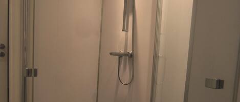 A modern bathroom with a glass-enclosed shower, a door with a handle, and a small circular drain on the floor.