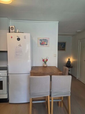 Stort kylskåp, mikrovågsugn, ugn och spishäll