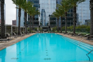 A swimming pool with lounge chairs and palm trees, surrounded by a modern building with glass windows. - Elevated City Living - Resort Amenities, 24/7 Security, Free Parking, Gym, Sauna (Los Angeles)