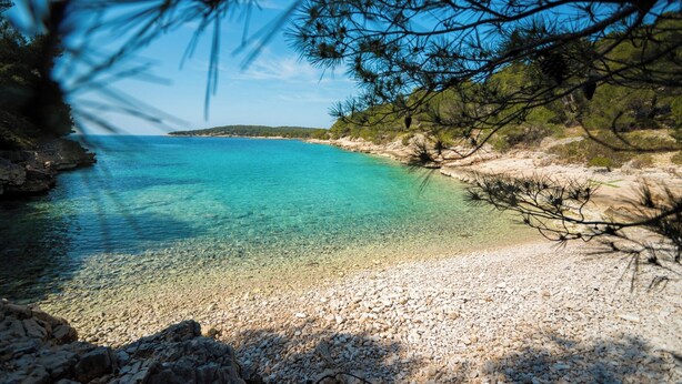 Une vue dégagée sur la côte, avec une plage de galets et une rive rocheuse.