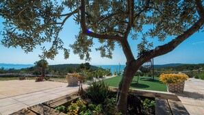 Une terrasse avec un arbre, une vue sur la mer et une pelouse.