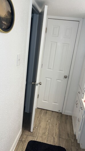 Un pasillo con una puerta blanca, un interruptor de luz y una alfombra pequeña.