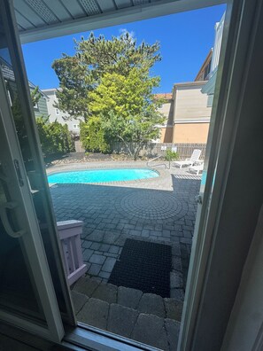 Vista a través de un ventanal de un jardín trasero con piscina, patio empedrado y un árbol grande.