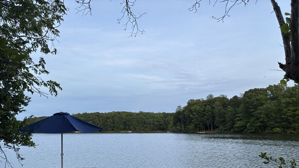 A lakeside picnic area with a table, chairs, and an umbrella. - Lake House Retreat with Lakeside Hot Tub (Roxboro)