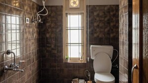 Et badeværelse med toilet, brusebad, et vindue og toiletpapirholder på væggen.