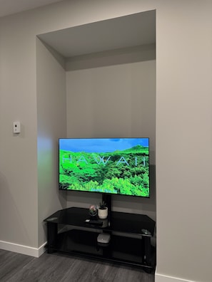 Ein Flachbildfernseher an einer schwarzen Unterhaltungseinheit vor einer schlichten Wand.