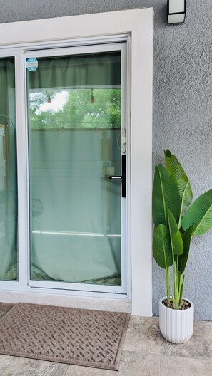 A sliding glass door with a frosted glass panel, a potted plant beside it, and a textured wall. - Cozy modern studio (Tampa)