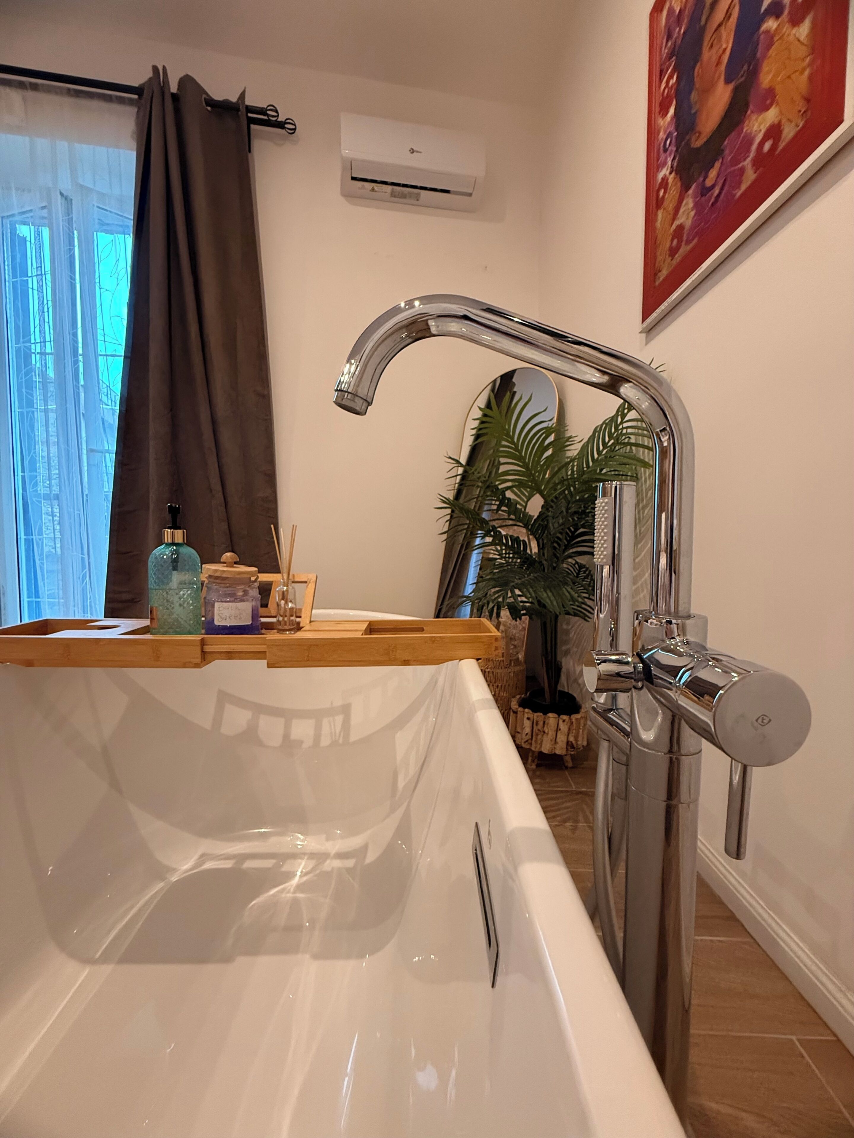 Hair dryer, bidet, towels, soap