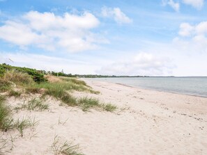 A beach with sand, grass, and a calm sea under a partly cloudy sky. - 5 Star Holiday Home in Odder (Odder)