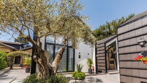 A modern building with a large tree in the courtyard, a glass entrance, and a number '7' sign. - Muraga Villas 7 Kupola (Dajt)
