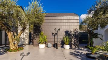 A modern building with a flat roof, surrounded by potted plants and trees.