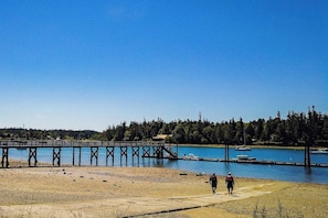 A pier extending into a calm body of water with a forested shoreline in the background.