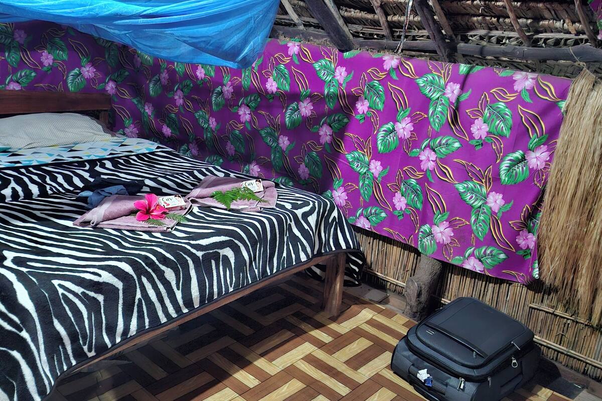 A room with a bed, a suitcase, a mosquito net, and a thatched roof.