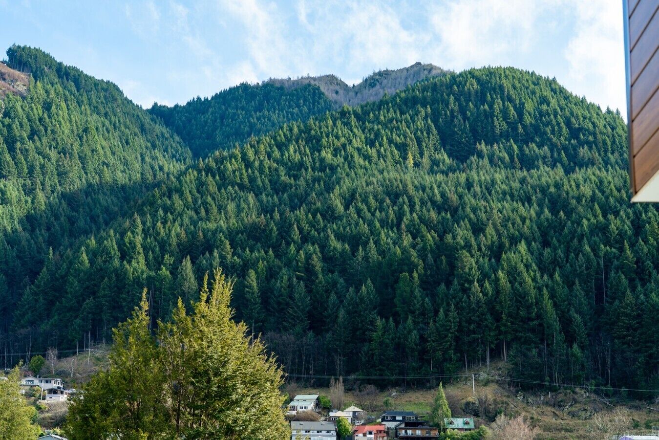 Asuinalue, jossa on taloja ja tiheästi metsän peittämiä kukkuloita taustalla.