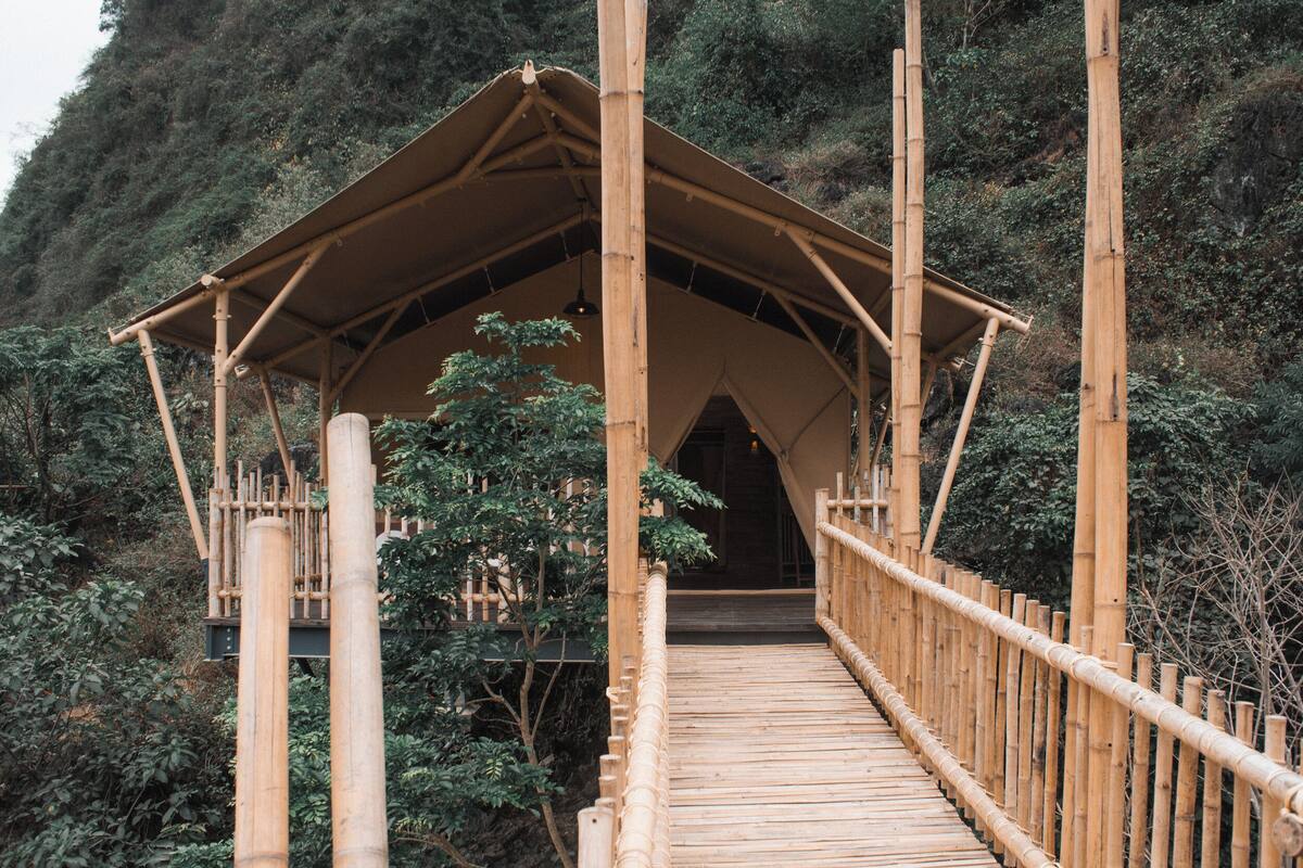Un puente de bambú que conduce a una estructura cubierta con techo a dos aguas.