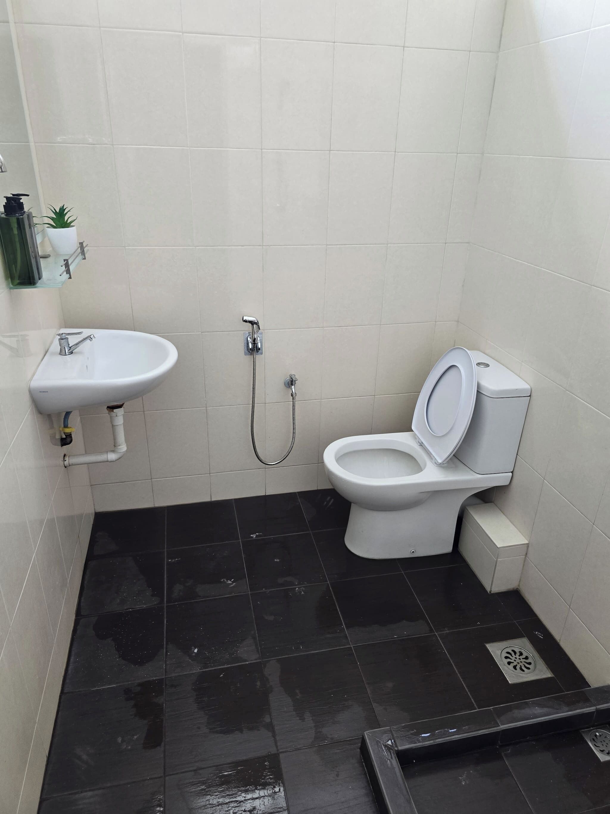 Une petite salle de bain avec un lavabo blanc, des toilettes et une douche.