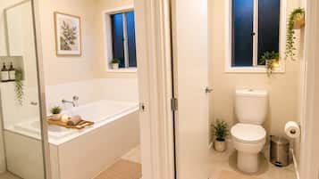 Hair dryer, towels, toilet paper