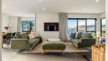 Smart TV, fireplace, books