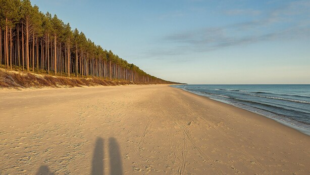 Ein Strand mit bewaldetem Ufer und Blick aufs Meer.