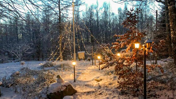 A snowy landscape with trees, a rock, and a small building. - 2 bedroom cozy home in Sösdala (Sösdala)