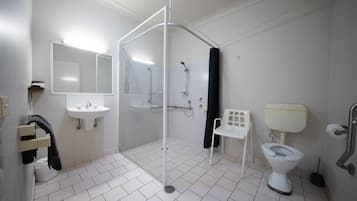 Un baño con ducha, inodoro, lavabo y espejo.