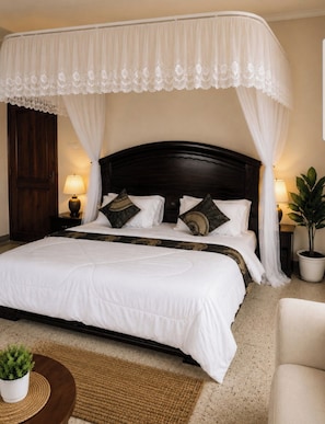 A bed with a canopy, two bedside lamps, a dark wooden headboard, and decorative pillows. - Maisha Garden (Dar es Salaam)