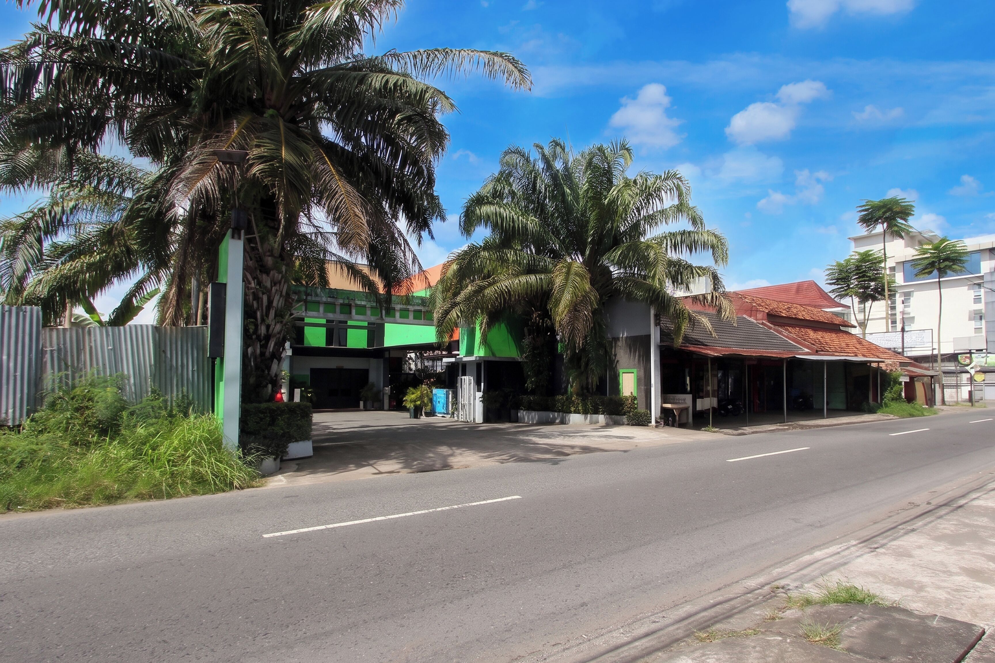 A street with buildings, including a green and white structure, and palm trees.